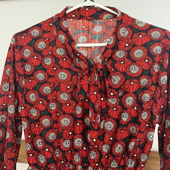 Modern Floral Geometric Pattern Tie Neck Lantern Sleeve Mini Dress Sz S No label - Picture 2 of 11